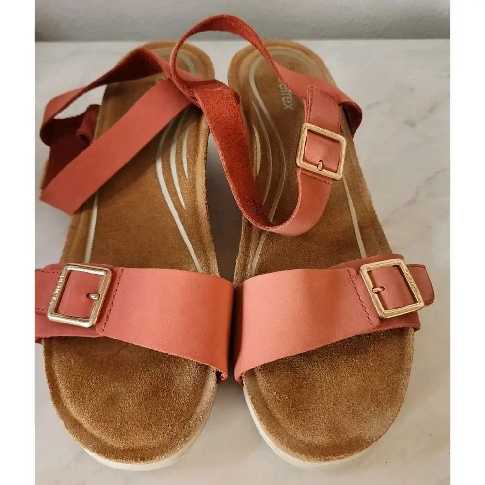 Aetrex Lexa Orthotic Strap Wedge Sandal Coral Leather Sz 9-9.5 Cork Sandal
